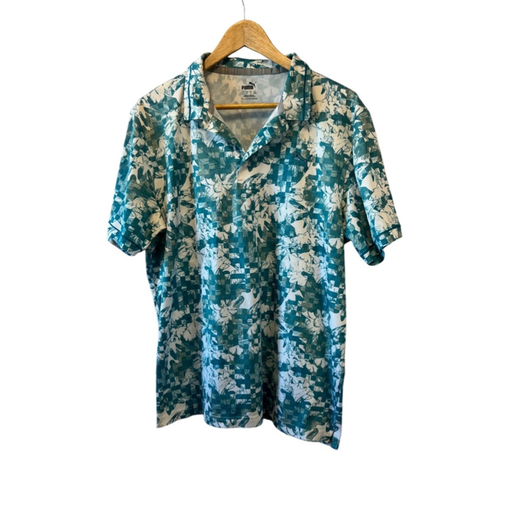 MENS Floral Print Collared Short Sleeve Polo Shirt L
